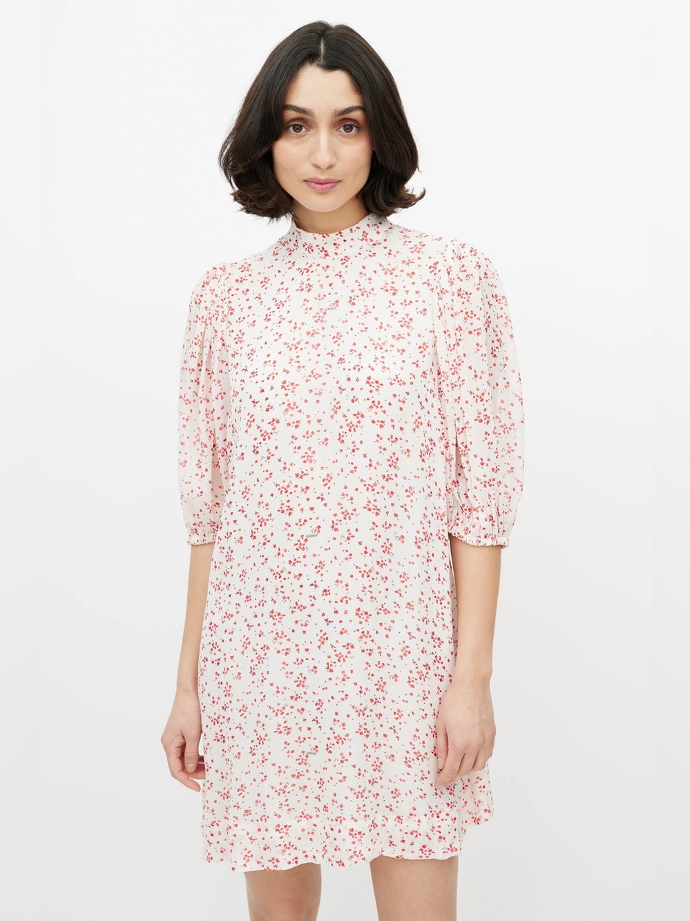 Ganni White Mini Dress with Red Floral Print